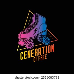 Stylish roller skates on the background of a text composition. Original vector retro emblem. T-shirt design. Hand drawn, not AI