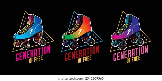 Stylish roller skates on the background of a text composition. Original vector retro emblem. T-shirt design. Hand drawn, not AI