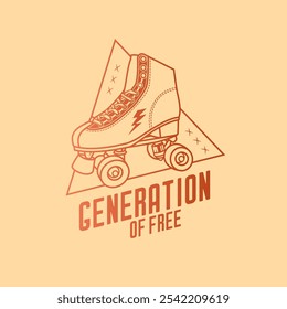 Stylish roller skates on the background of a text composition. Original vector retro emblem. T-shirt design. Hand drawn, not AI