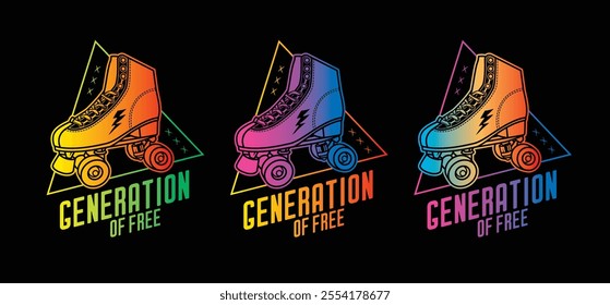 Stylish roller skates on the background of a text composition. Original vector retro emblem. T-shirt design. Hand drawn, not AI