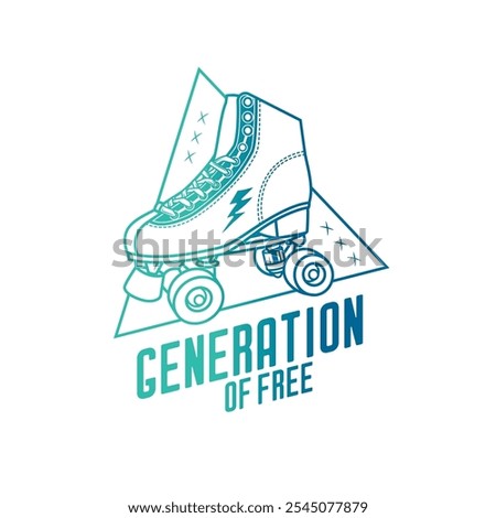 Stylish roller skates on the background of a text composition. Original vector retro emblem. T-shirt design. Hand drawn, not AI