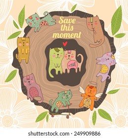 Stylish Romantic card in  pastel colors. Cute cats in cartoon style.