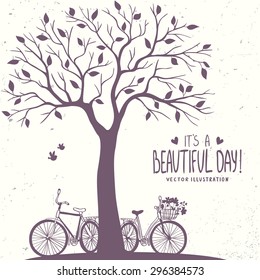 Stylish romantic card with silhouette tree and two bicycle. Vector illustration