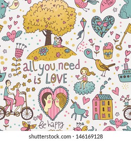 Stylish romantic seamless pattern with lovers, unicorn. cupcake, tree, tandem bicycle and other elements in vector. Can be used for wallpapers, pattern fills, web page backgrounds,surface textures. 