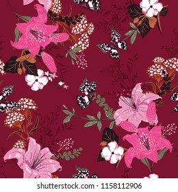 Stylish romantic soft and gentle floral in the garden ,lily,many kind of flowers ,butterflies seamless pattern vector design for fashion,fabric,wallpaper and all prints on red wine background color