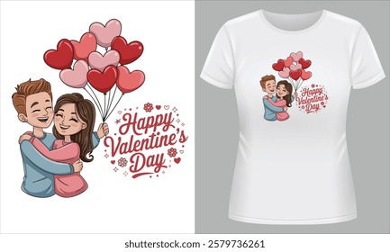 Stylish Romantic Valentine’s T-Shirt with Heart and Balloons