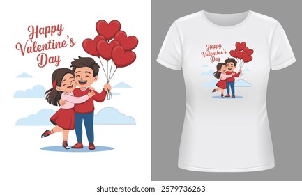 Stylish Romantic Valentine’s T-Shirt with Heart and Balloons