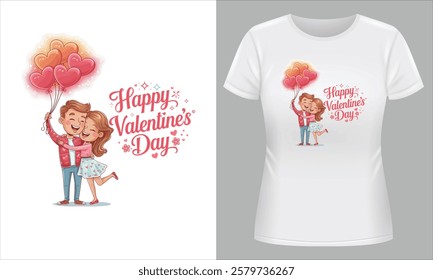 Stylish Romantic Valentine’s T-Shirt with Heart and Balloons