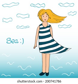Stylish romantic vector illustration. Girl in a stripped vest stands on the shore. Summer sea background.