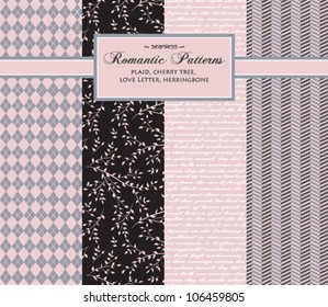 Stylish Romantic Vector Patterns - set of complementary seamless patterns, including argyle plaid, cherry tree, love letter and herringbone, in pink, black, gray and white