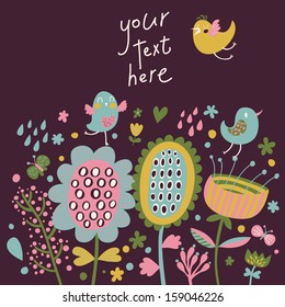 Stylish romantic wallpaper in vector. Birds and butterflies in flowers flower