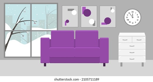 Stylish room interior in gray and purple tones with a large window.