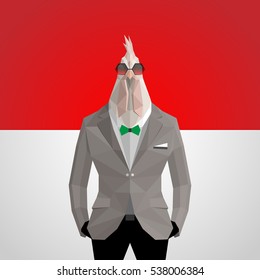 Stylish rooster in gray jacket .Polish flag background.