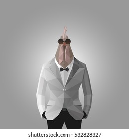 Stylish rooster in white jacket, gray background.