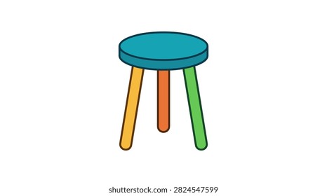 Stylish round blue stool with three multicolored wooden legs. Modern minimalist furniture design isolated on white background.