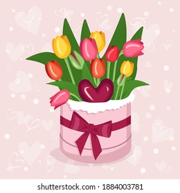 Stylish round box with a sticker for text with red, yellow, white, pink tulips, hearts and envelopes for Valentine's Day, Women's Day, Mother's Day. A gift for a girl, mom, grandmother, girl