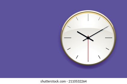 Stylish round clock in a metal frame with black hands and a white dial on the wall. In trendy color, the background is very peri. copy space.