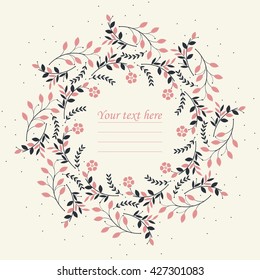 Stylish round frame with blue leaves and pink flowers can be used for greeting card, baby shower card, invitation, cover and more designs.