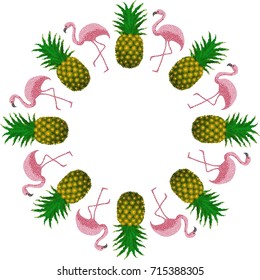 Stylish round frame with flamingos and pineapple.
Fruits and birds bright multicolored summer mosaic vector illustration.