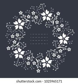 Stylish round frame with flowers, leaves and berrie. Image can be used for greeting card, invitation, wedding invitation designs.