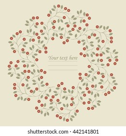 Stylish round frame with green leaves and red flowers can be used for greeting card, baby shower card, invitation, cover and more designs.