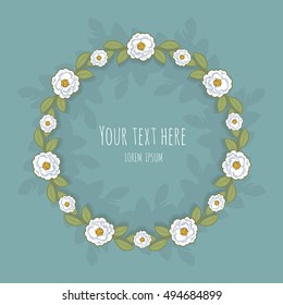 Stylish round frame with white roses on turquoise background