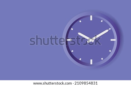 Stylish round wall clock with white hands and a purple dial on the wall. copy space.