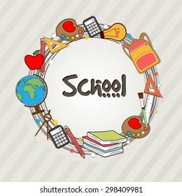 Stylish rounded frame decorated with different educational supplies on grey background.