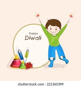 Stylish rounded frame with text of Diwali and little cute boy holding fire crackers for Diwali celebration on beige colour background.