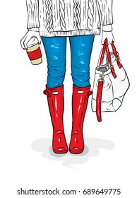 Stylish rubber boots, jeans, a bag and a sweater. Female legs in stylish clothes and shoes. Vector illustration for a postcard or a poster, print for clothes. Spring or autumn.