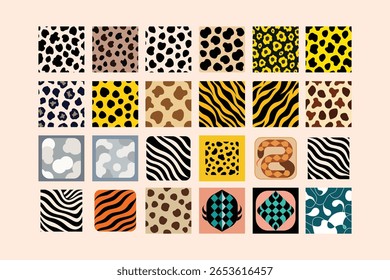 Padrões elegantes sem emenda de animais de safári com texturas de leopardo, chita, tigre, girafa, zebra e pele de cobra. Perfeito para impressões de moda, têxteis, papéis de parede e projetos criativos.
