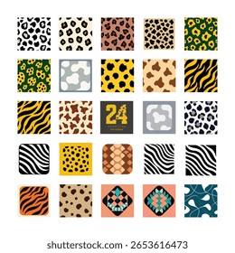 Padrões elegantes sem emenda de animais de safári com texturas de leopardo, chita, tigre, girafa, zebra e pele de cobra. Perfeito para impressões de moda, têxteis, papéis de parede e projetos criativos.