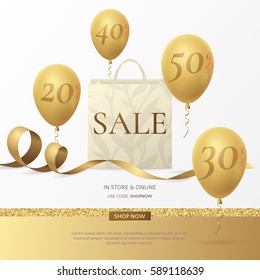 Stylish sale poster with a paper shopping bag, golden ribbon and balloons. Vector templates for design of banners and flyers with holiday discounts offers. Promotional background with place for text