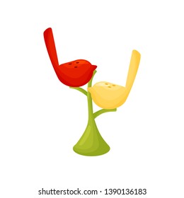 Stylish salt and pepper shaker in the form of nightingales on the tree. Vector illustration.