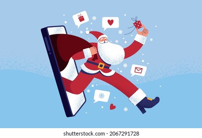 Stylish santa claus with a bag of gifts and a gift box in his hands comes out of a large smartphone. Concept for celebrating christmas online or delivering gifts and event services