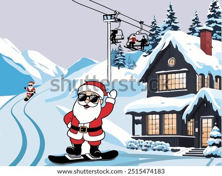 stylish Santa Claus riding in snowy mountains cable car and small hotel or wooden chalet, illustration snowboarding equipment. Ski resort valley with ski lift. Flat vector illustration