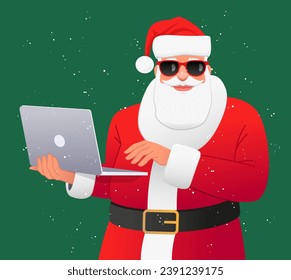 Stylish Santa Claus in sunglasses holds a laptop in his hands. Freelancer Santa Claus works at a personal computer. Elements for the design of a New Year's poster. Vector illustration.