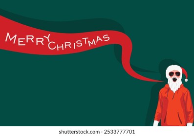 Elegante Santa Claus con capucha roja y gafas de sol diciendo feliz Navidad Vector de fondo