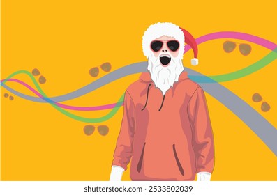 Elegante Santa Claus con capucha roja y gafas de sol con tres líneas de onda de fondo de Vector Ilustración de stock