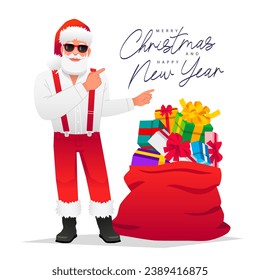 Stylish Santa Claus in a white shirt, suspenders and sunglasses indicates lettering - Merry Christmas and New Year. Greeting card. Vector illustration.