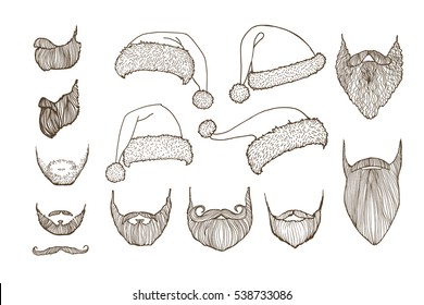 Stylish Santa. Constructor. Hats and beards. Set of vector hand-drawn illustrations.