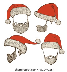Stylish Santa. Hats and beards. Set of vector hand-drawn illustrations.
