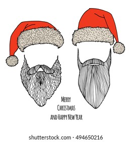 Stylish Santa. Hats and beards. Set of vector hand-drawn illustrations.
