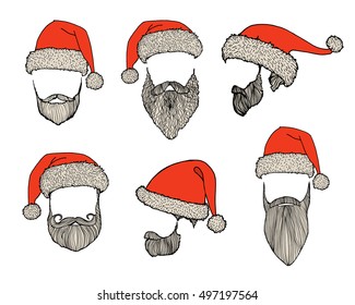 Stylish Santa. Hats and beards. Set of vector hand-drawn illustrations.