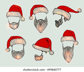 Stylish Santa. Hats and beards. Set of vector hand-drawn illustrations.