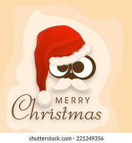 Stylish Santa with owl eyes and white moustache in santa hat on grungy beige background for Merry Christmas celebrations. 
