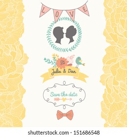 Stylish Save the Date card in bright colors with cute bird and flowers. Vector romantic wallpaper Ã¢Â?Â? ideal for wedding designs. Vintage wedding background in vector