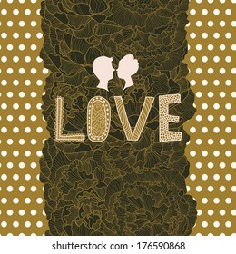 Stylish Save the Date card in modern colors with cute lovers and flowers. Vector romantic wallpaper - ideal for wedding designs. Vintage wedding background in vector