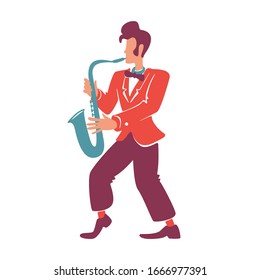 Stylish saxophonist flat color vector faceless character. Elegant jazz musician playing musical instrument. Old fashioned, retro style guy with trumpet in red blazer isolated cartoon illustration