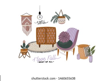 Stylish Scandic living room interior - sofa, armchair, coffee table, plants in pots, lamp, home decorations. Cozy Autumn season. Modern comfy apartment furnished in Hygge style. Vector illustration